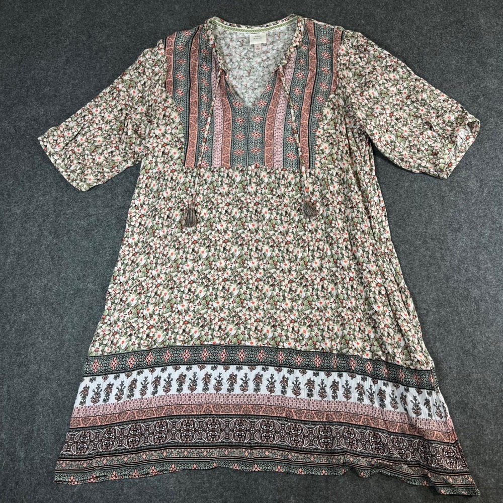 Knox Rose Womens XL Floral Mixed Print Boho Tassel V-Neck Shift Dress Pockets